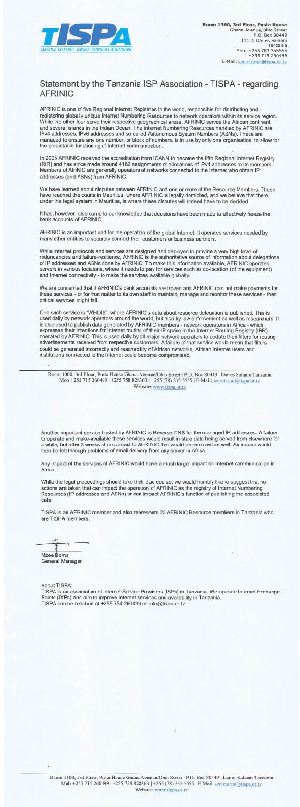 Statement of Tanzania ISP Association (TISPA) - Regarding AFRINIC